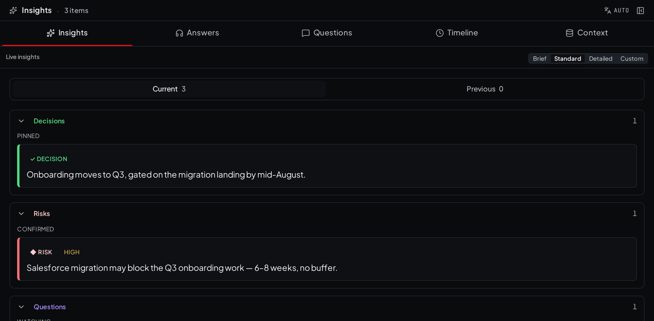 The insights pane: a decision, a risk and an open question