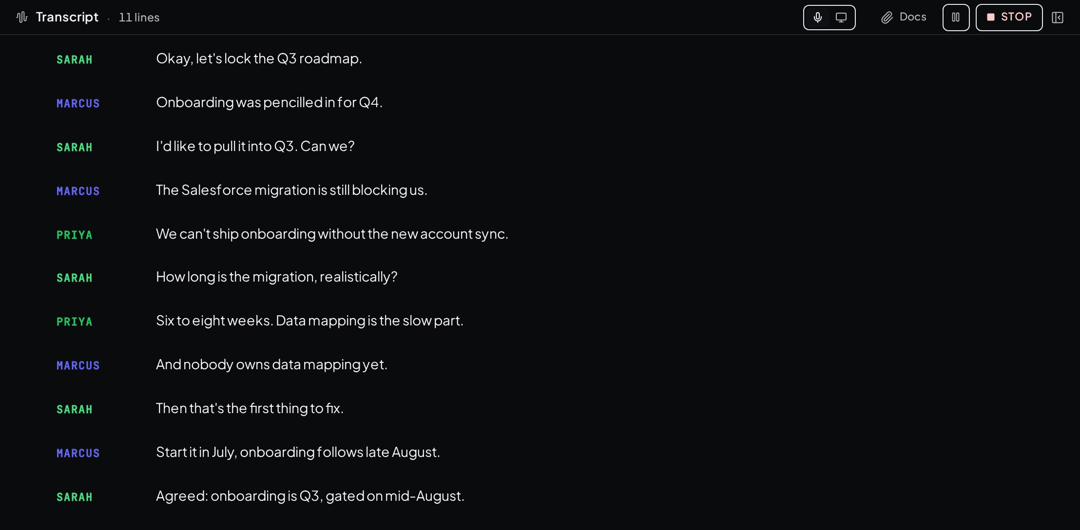 The live transcript pane, each line attributed to its speaker